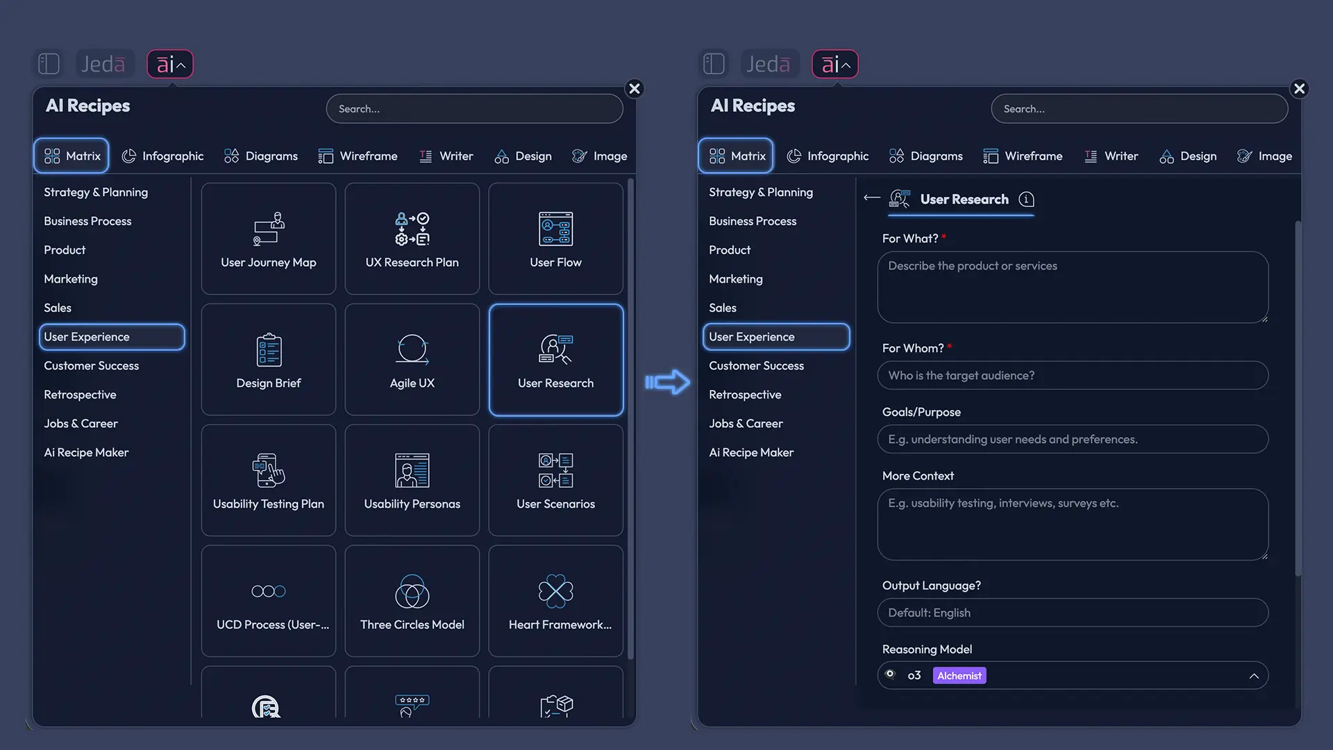Jeda.ai AI Menu for User Research with AI