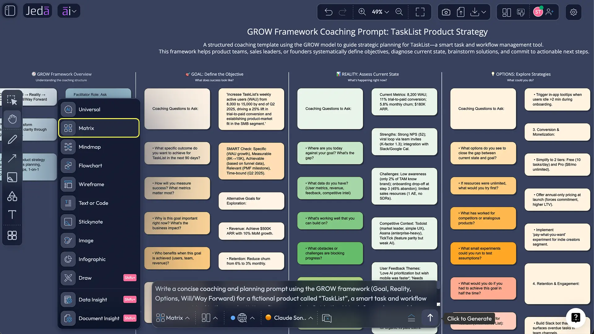 Prompt Bar setup for GROW Retrospective with AI
