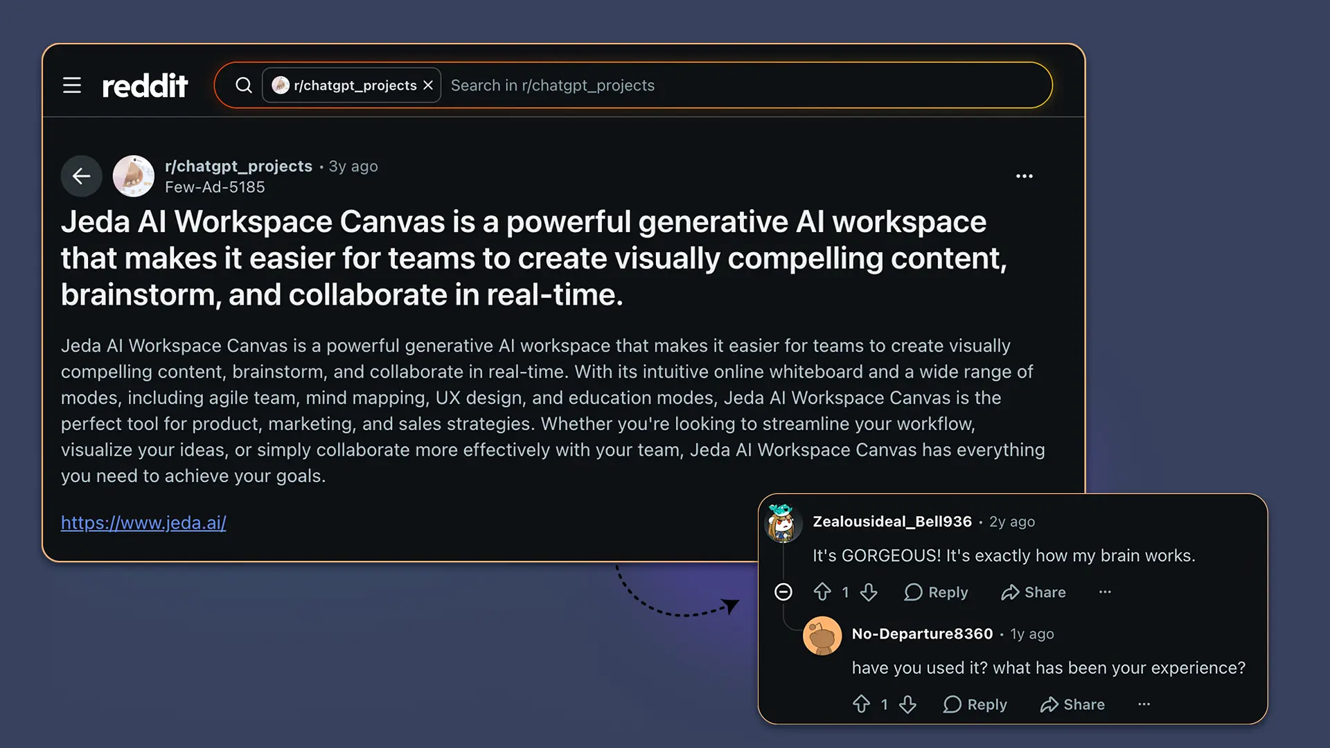 Jeda AI Workspace Canvas Reddit discussion timeline