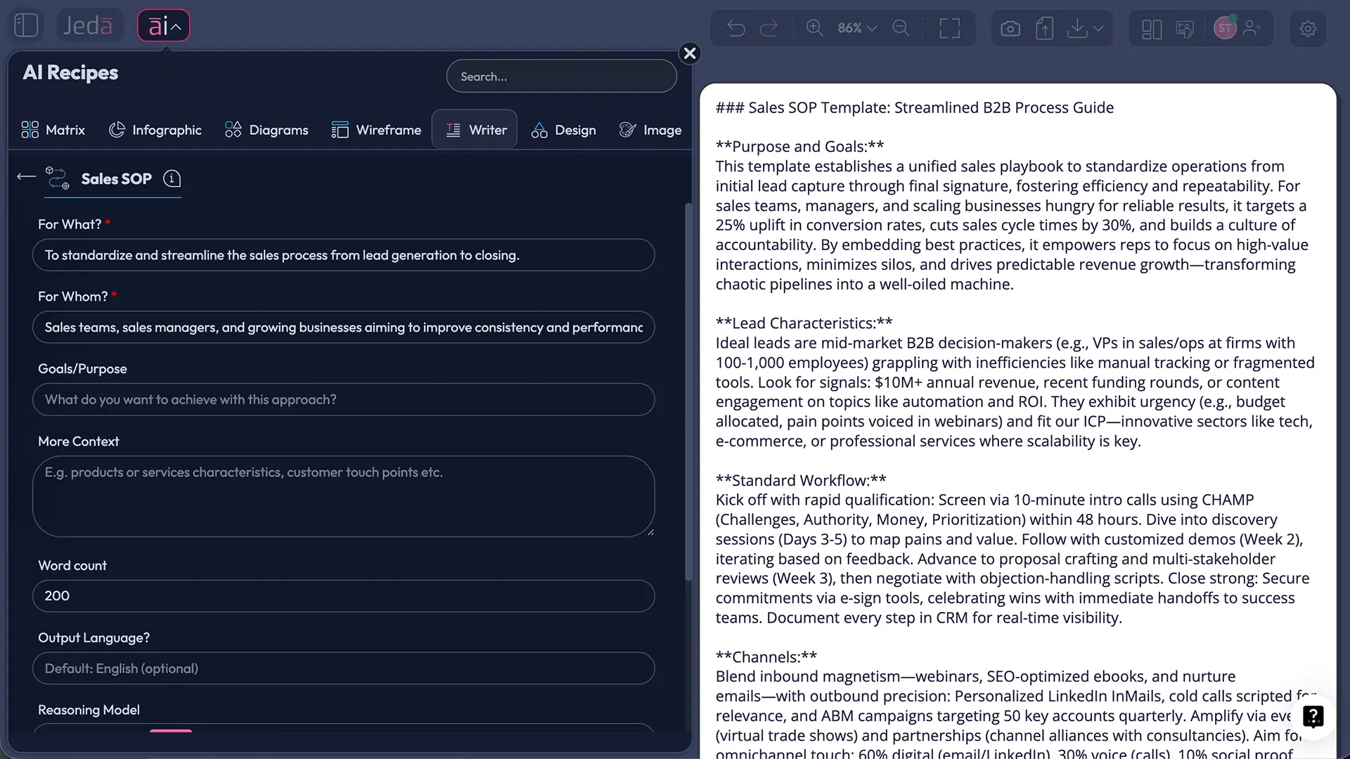 Jeda.ai Writer recipe for sales SOP template