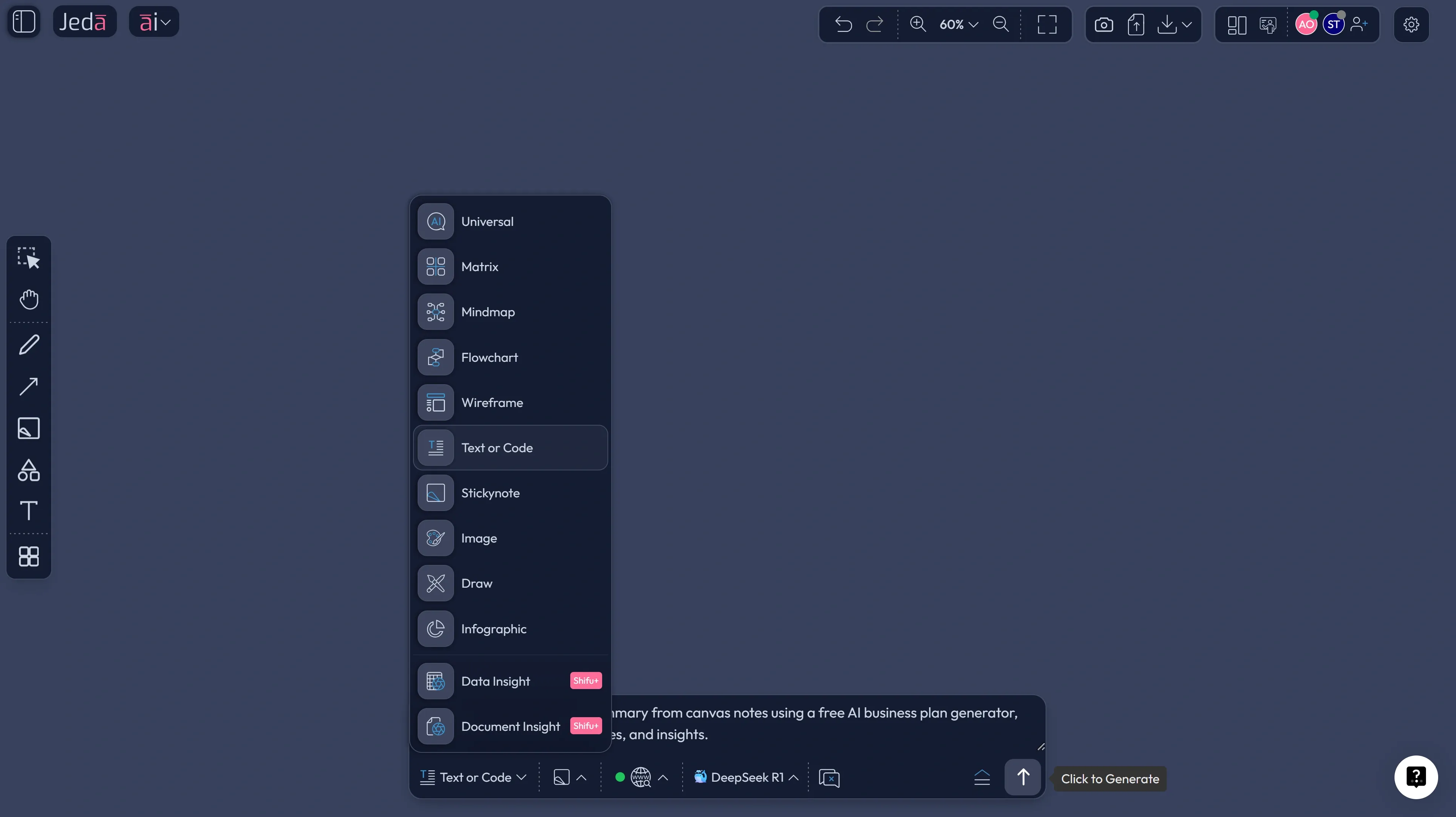 Free AI business plan generator prompt bar in Jeda.ai