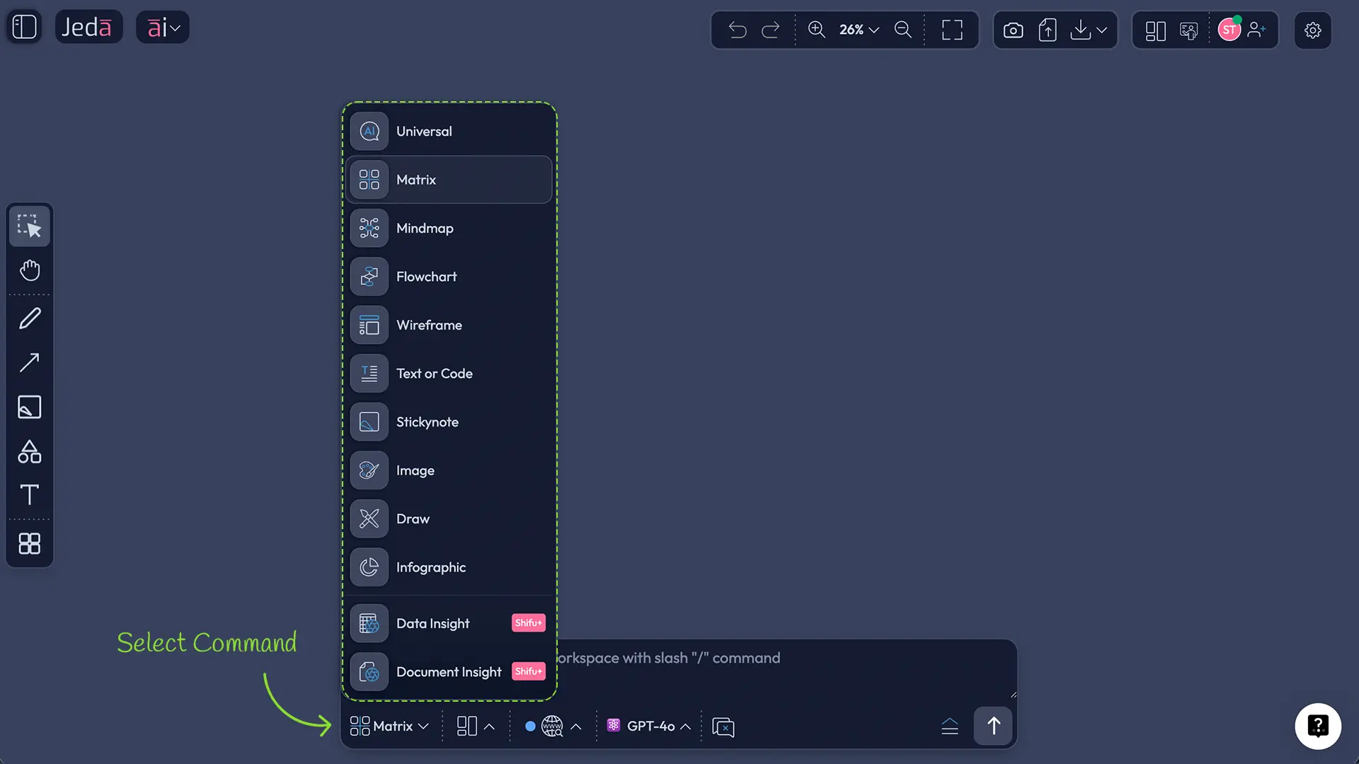 Command Selector dropdown showing all available AI commands in Jeda.ai