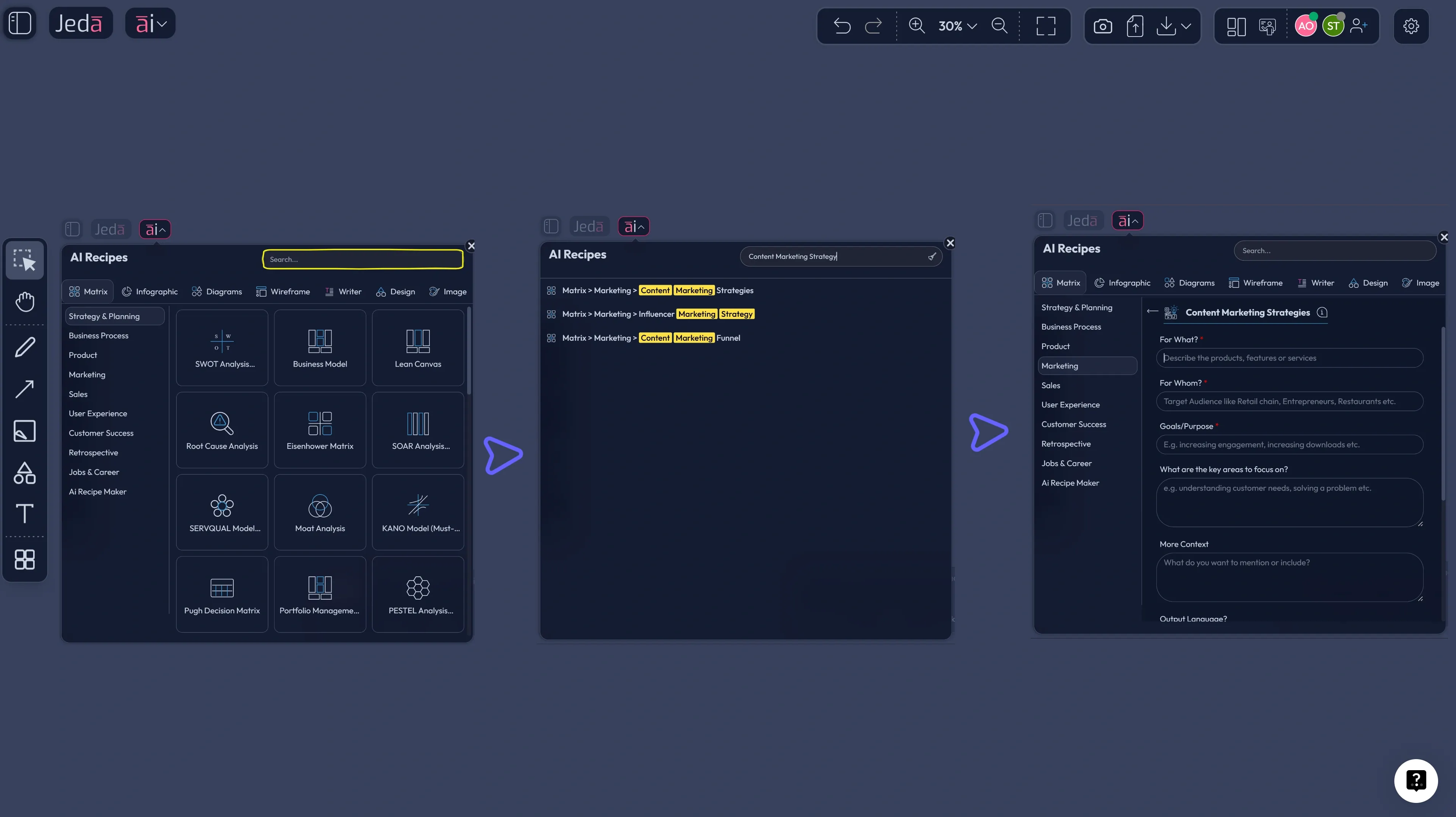 Jeda.ai AI Menu showing Matrix Recipes search for content strategy templates