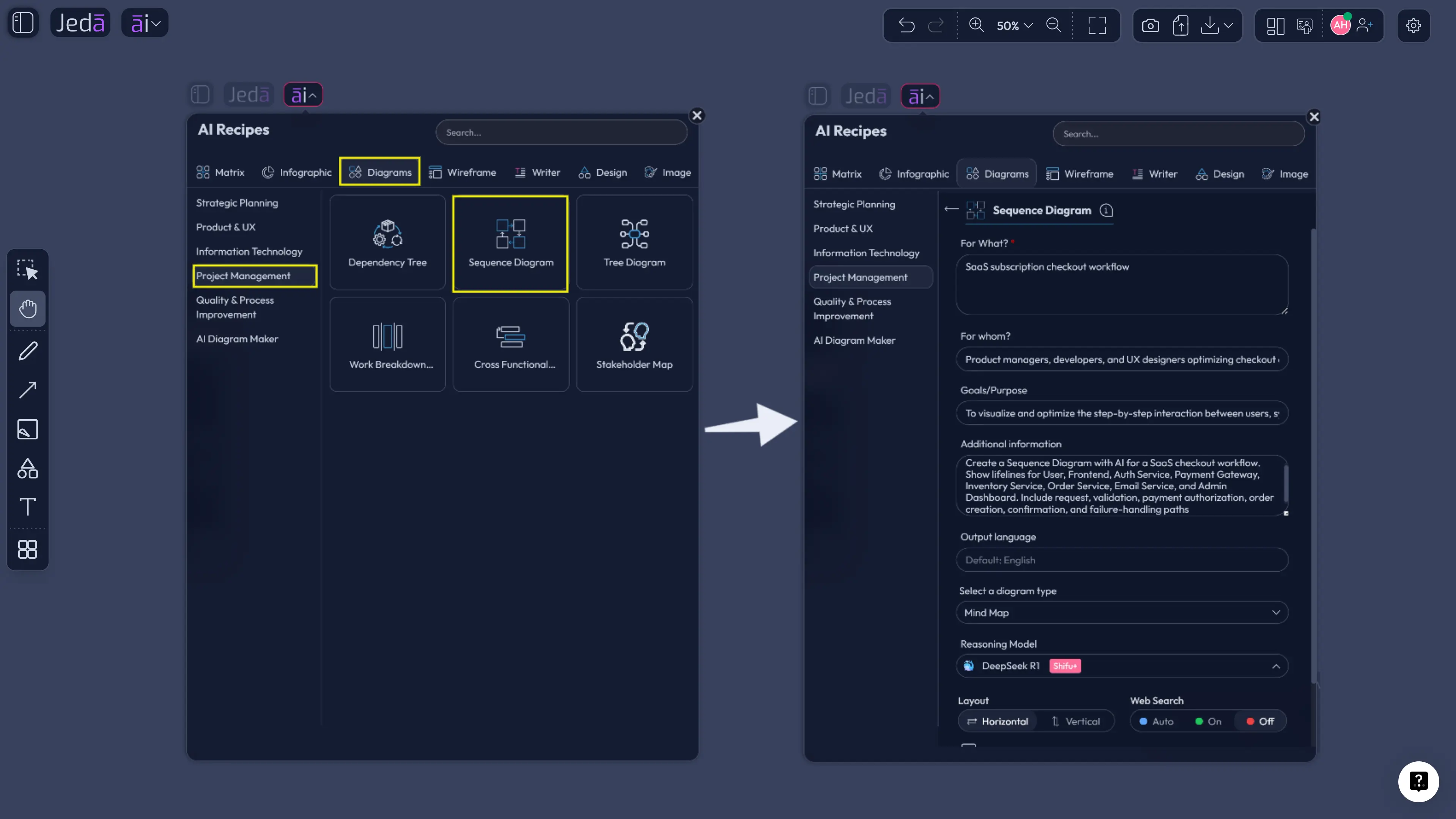 Sequence Diagram AI recipe setup in Jeda.ai