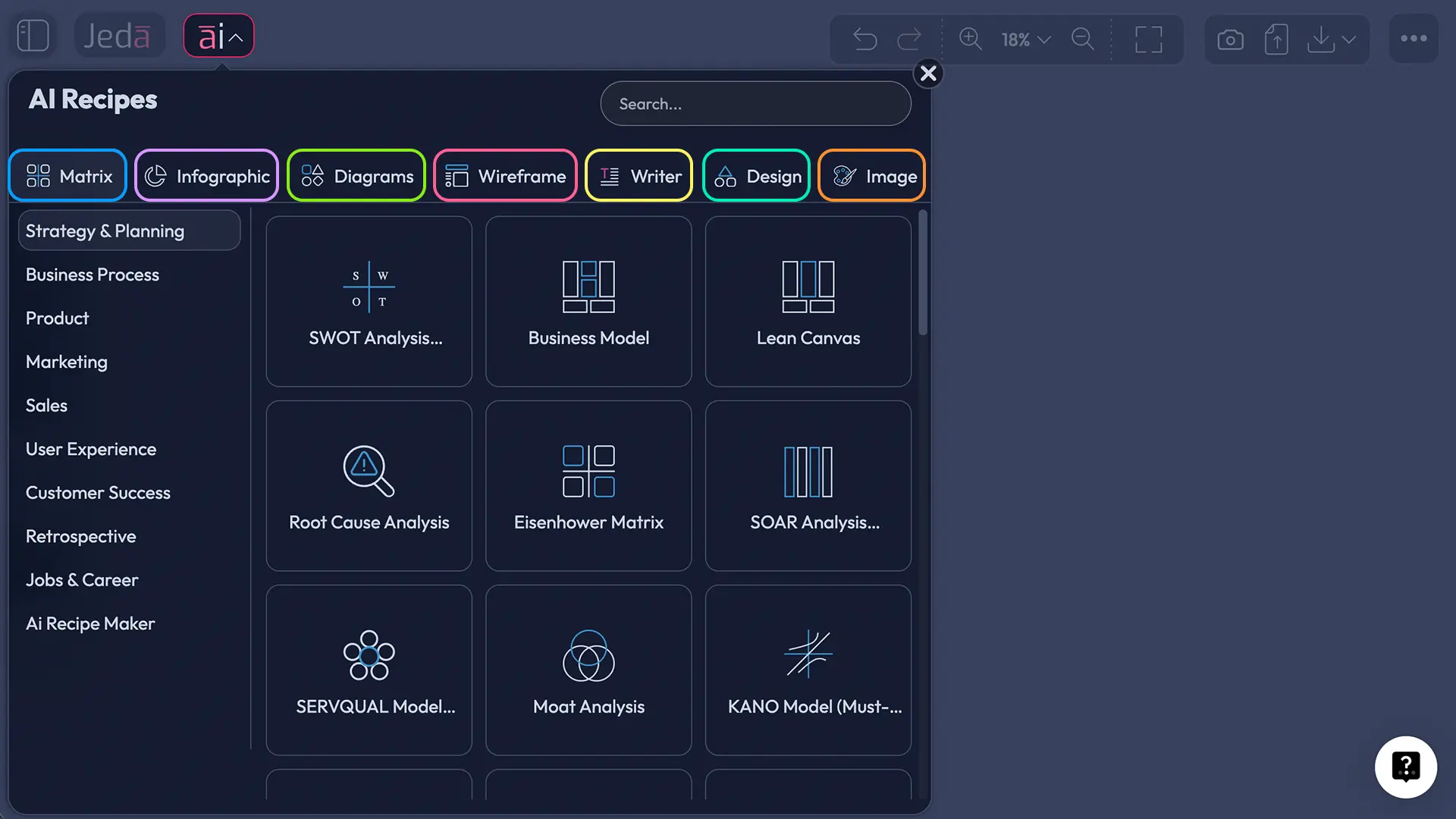 AI Recipes dropdown panel with search bar and category icons