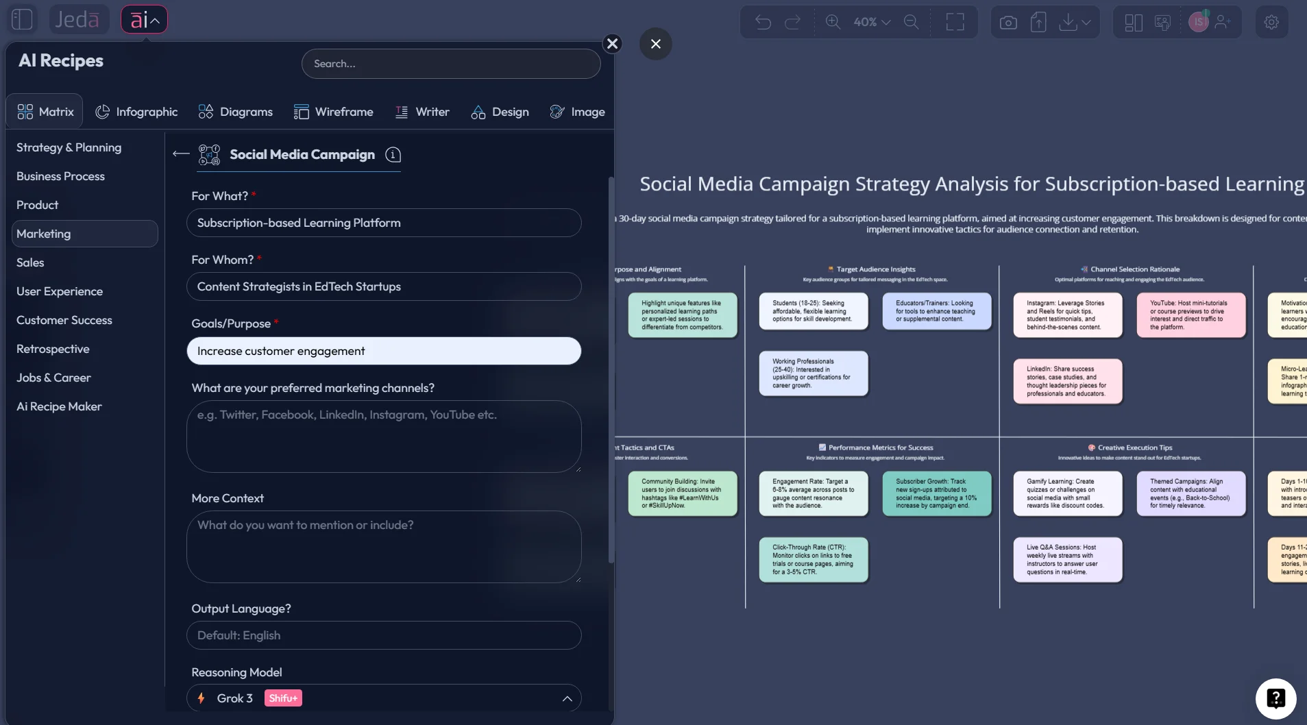 Jeda.ai Matrix Recipe for social media planning