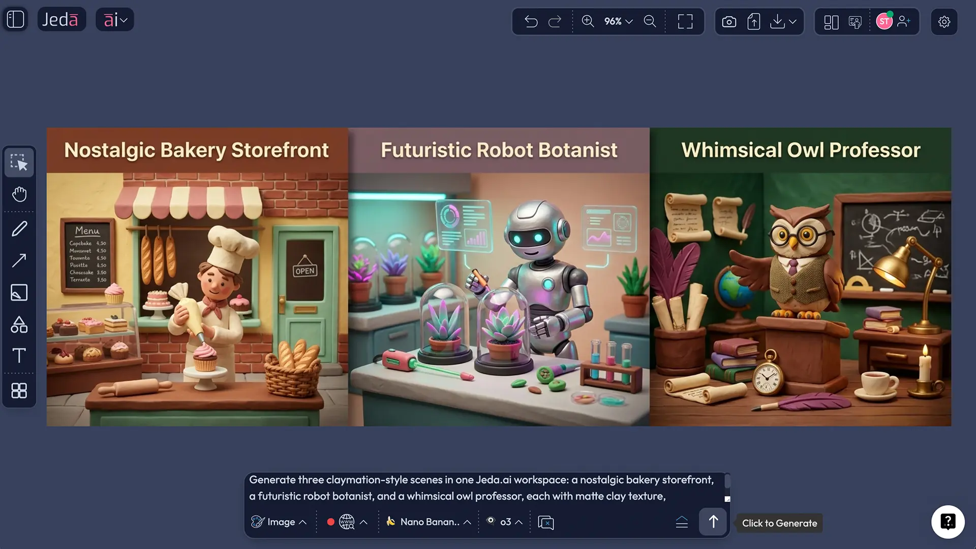 Claymation AI Art examples arranged in Jeda.ai workspace