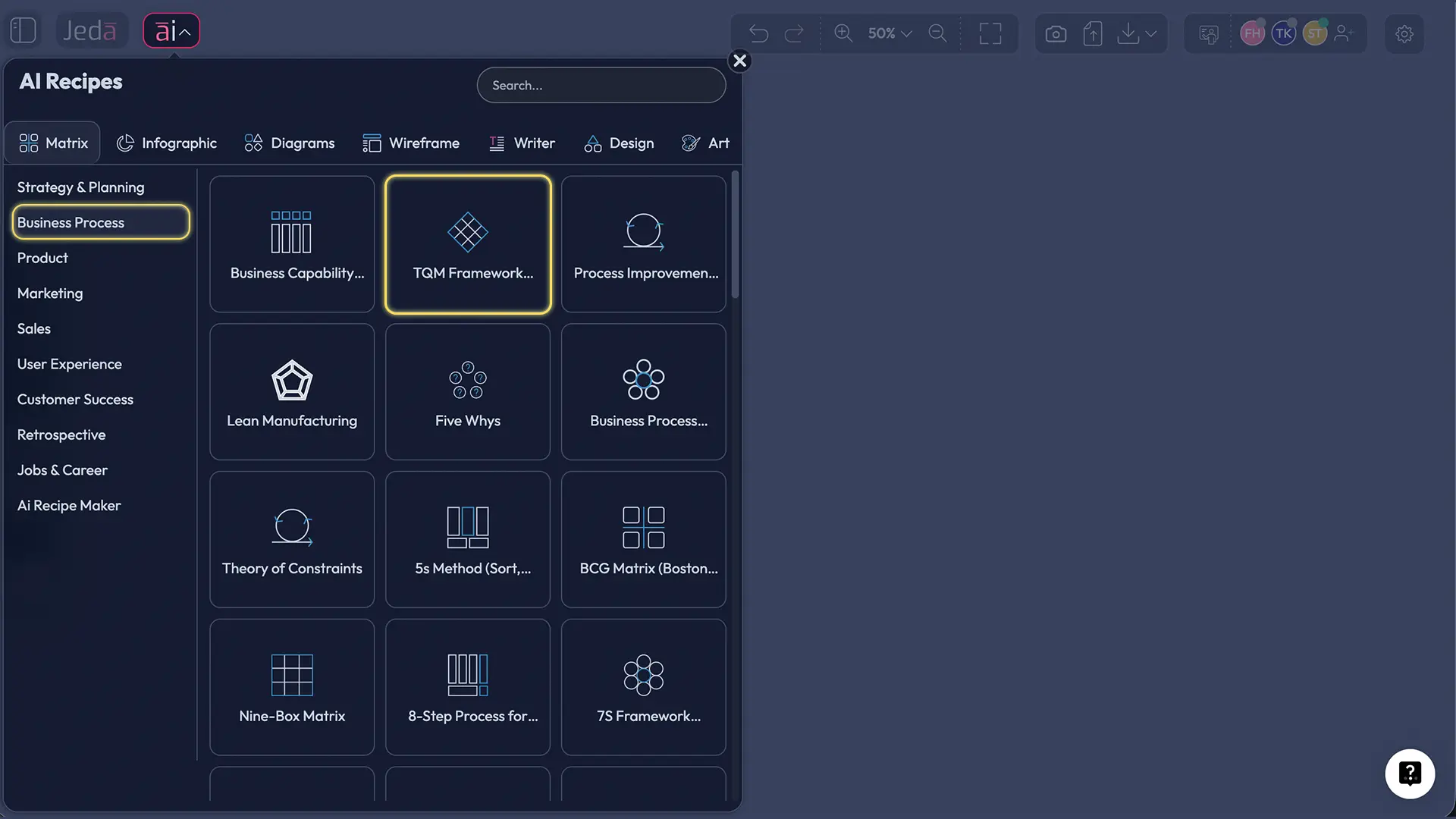 Jeda.ai AI Menu open showing Matrix Recipes category with TQM Framework template selected