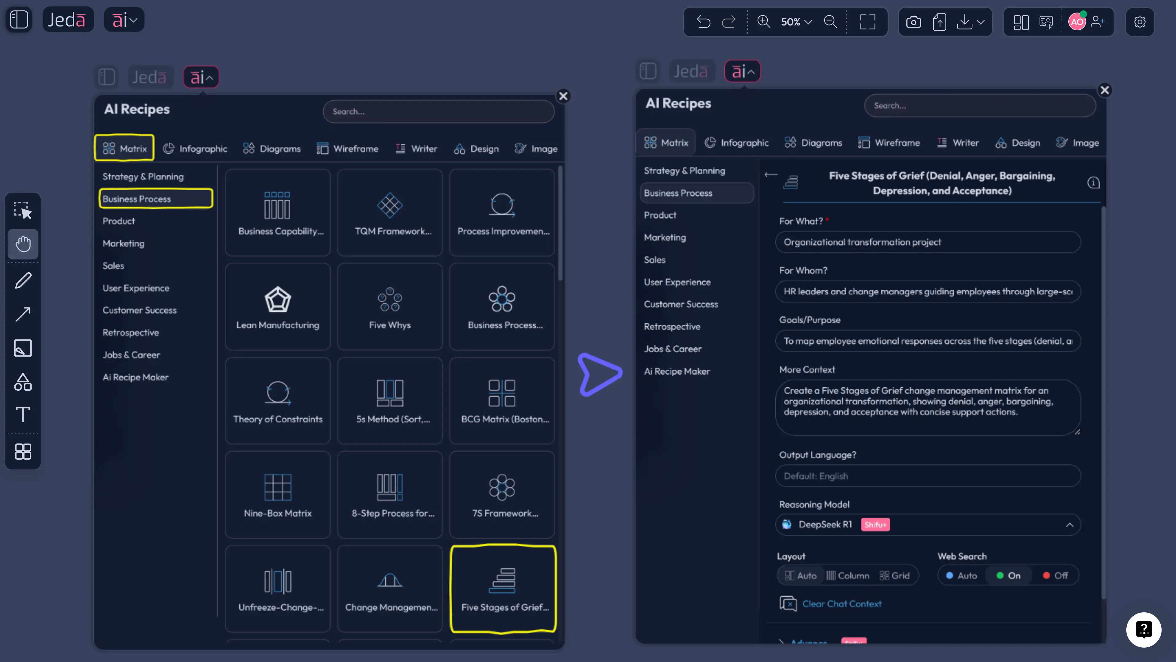 Jeda.ai AI Menu matrix recipe screenshot