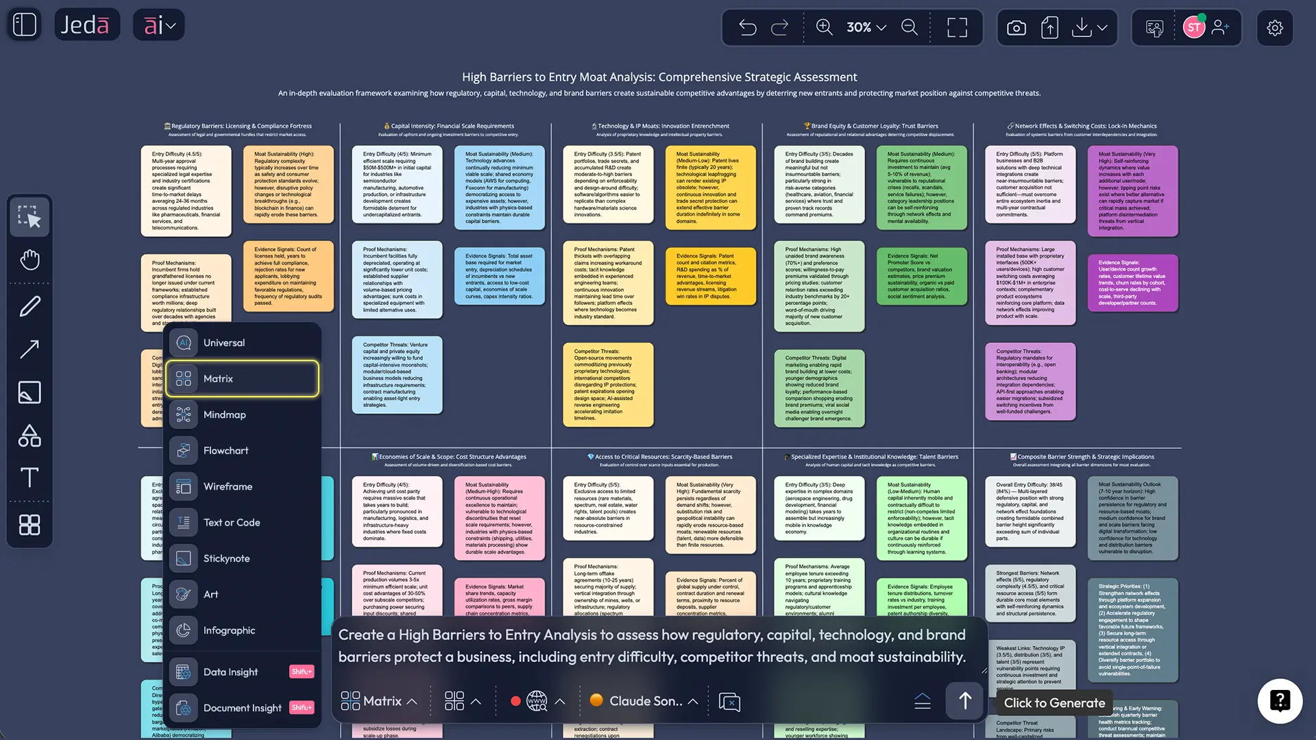 Jeda.ai Prompt Bar with Matrix command for barriers to entry analysis