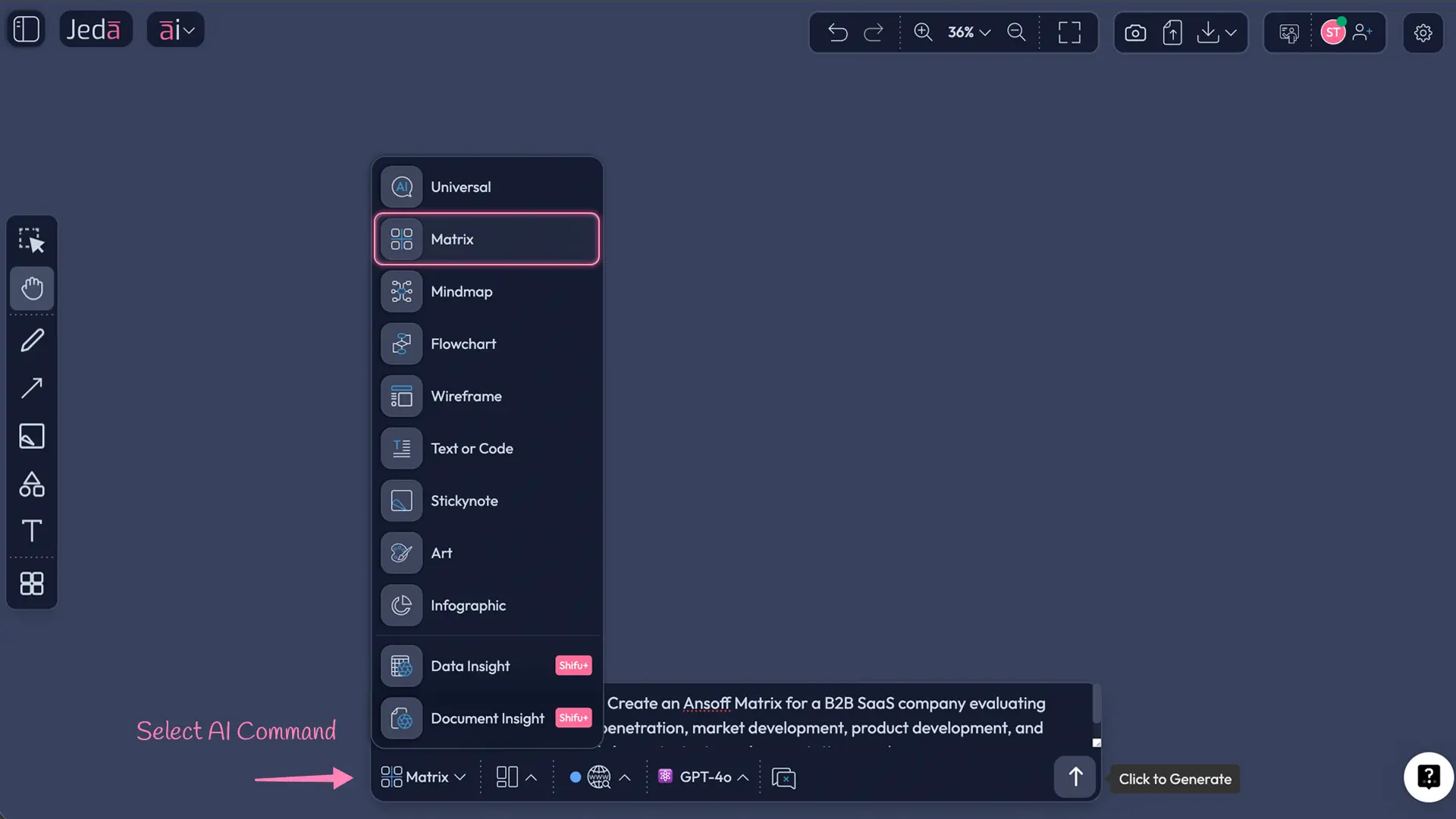 Jeda.ai Prompt Bar for Ansoff Matrix with AI
