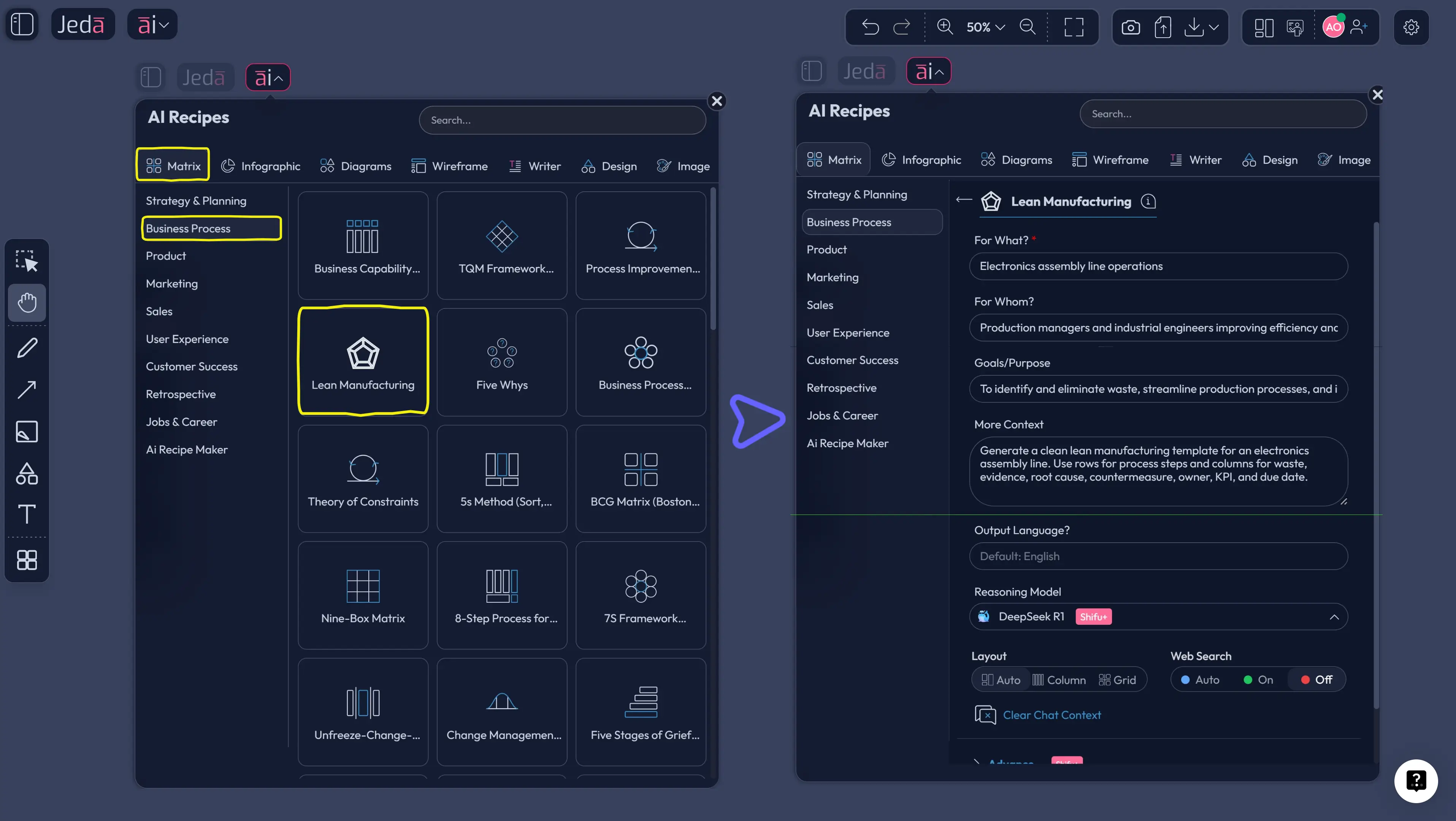 Jeda.ai AI Menu matrix recipes screenshot