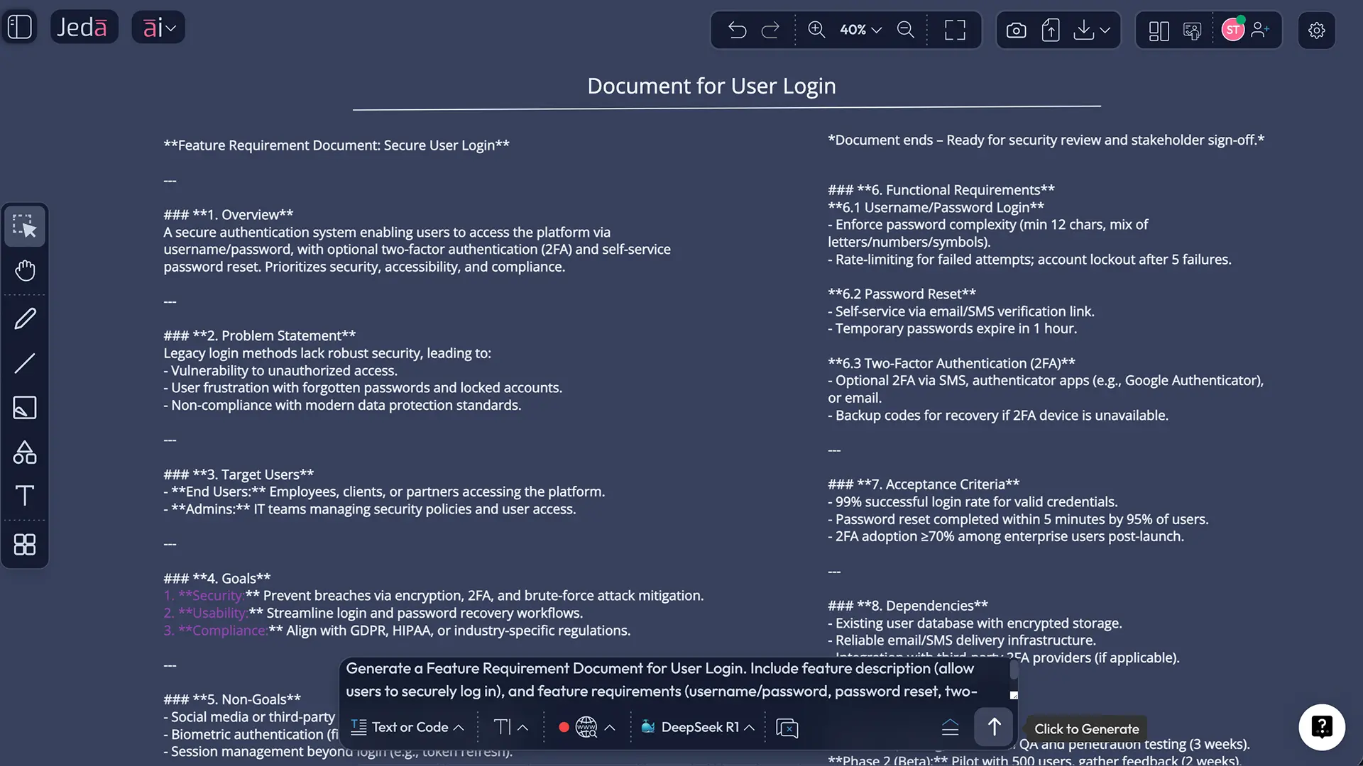 Prompt Bar setup for feature requirement document