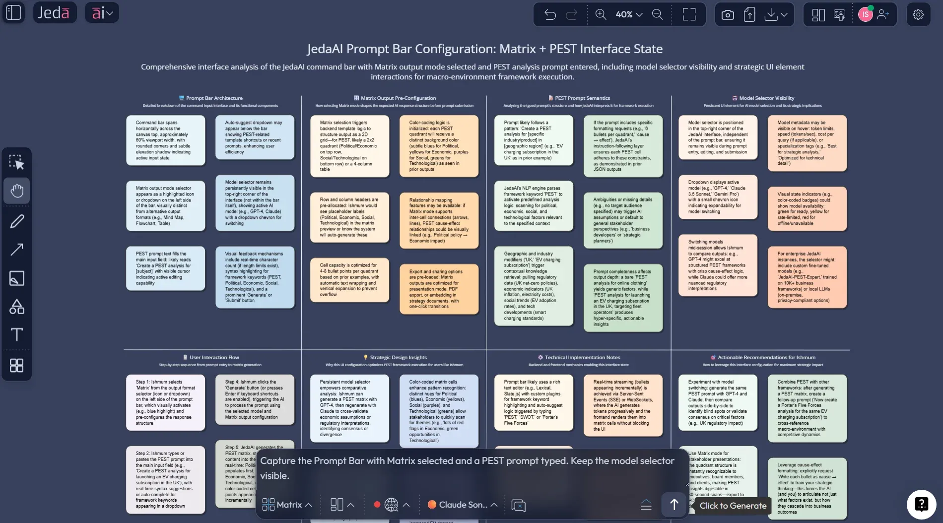 Jeda.ai Prompt Bar showing the Matrix command for PEST analysis