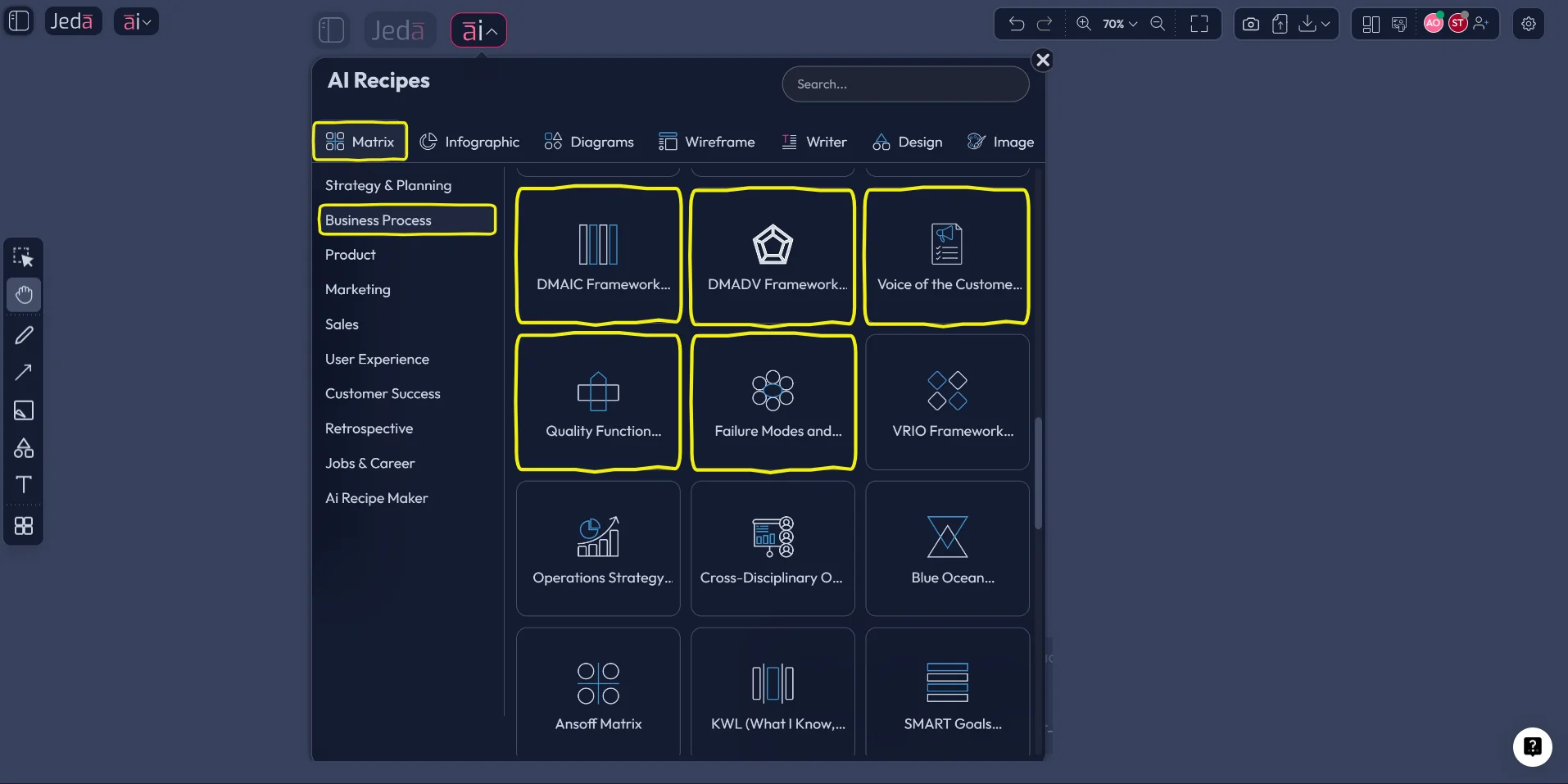 Jeda.ai AI Menu Business Process matrix recipe for Six Sigma