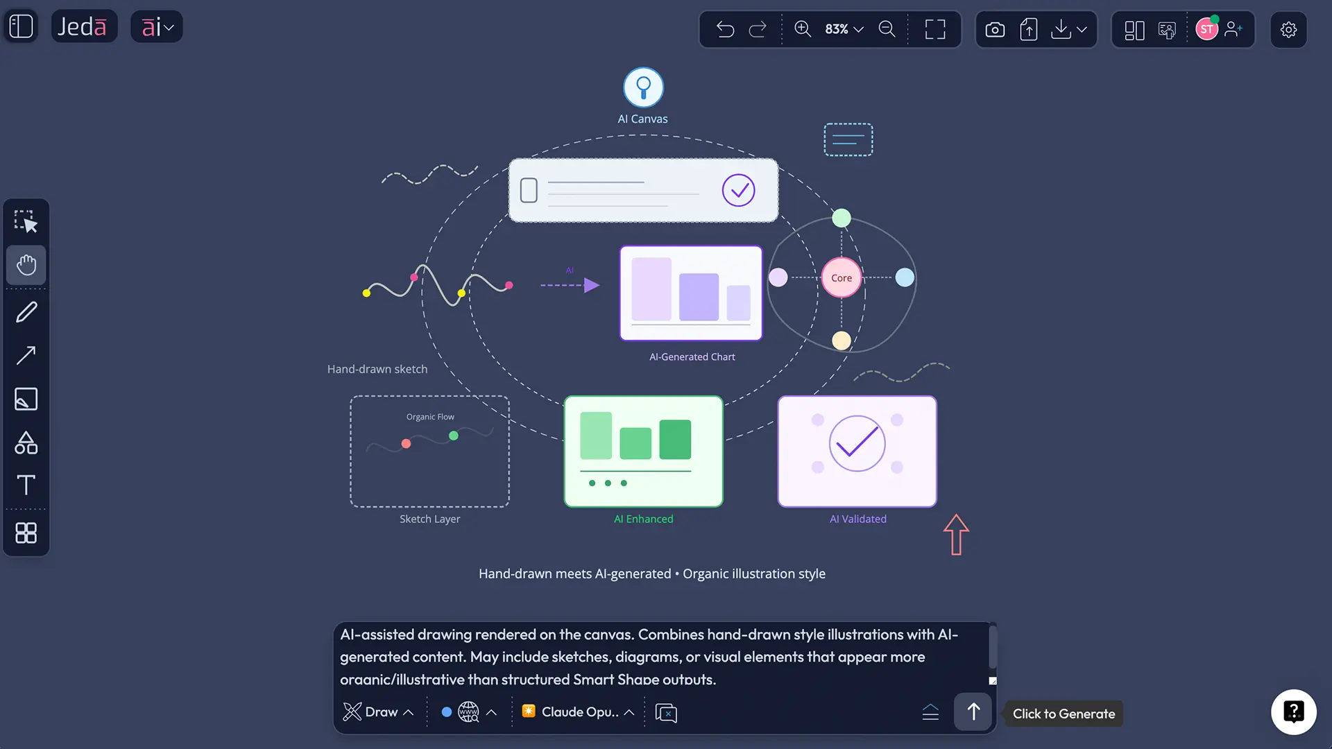 Draw command output showing an editable vector illustration on the Jeda.ai canvas