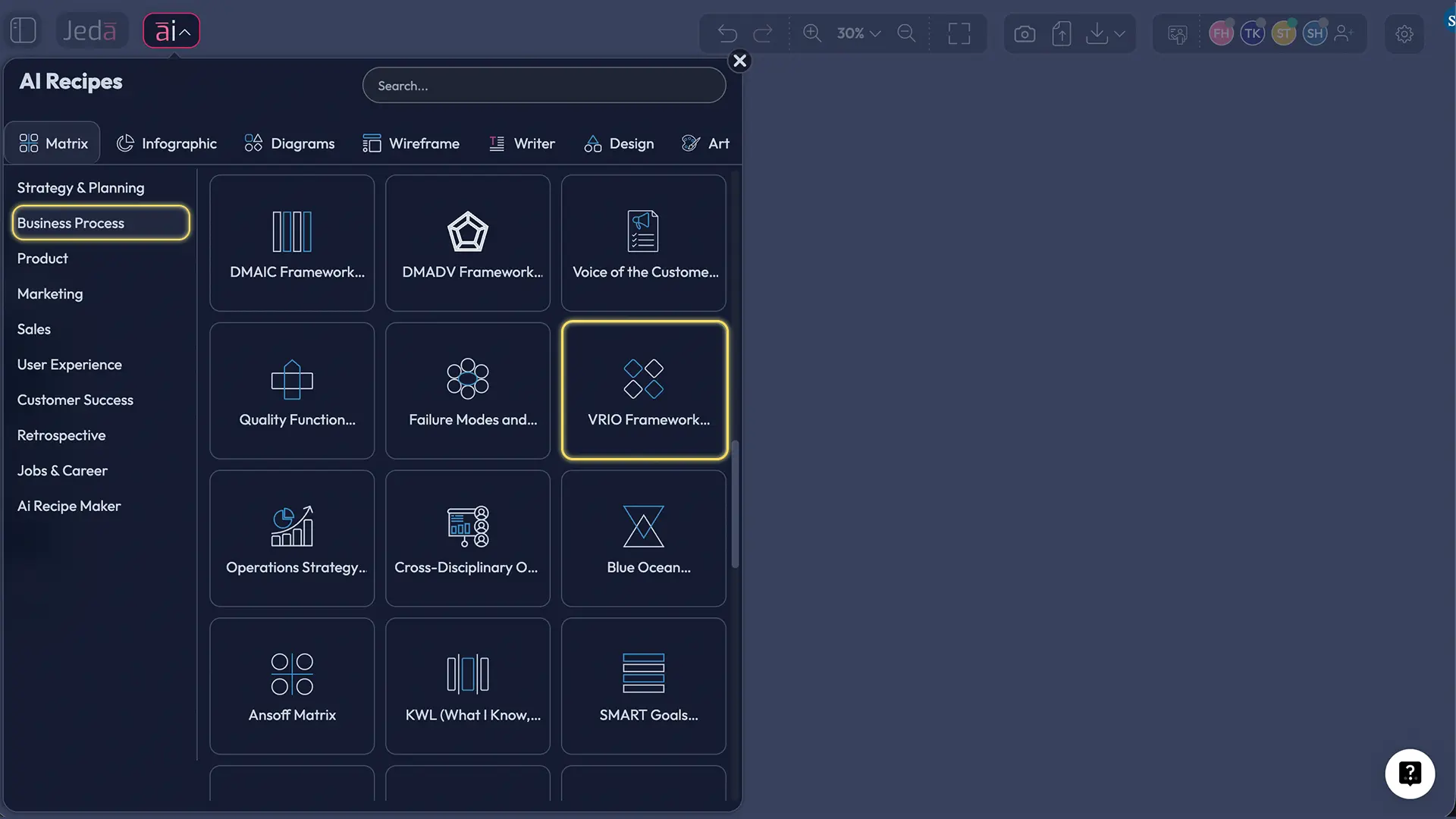 Jeda.ai recipe matrix for VRIO framework
