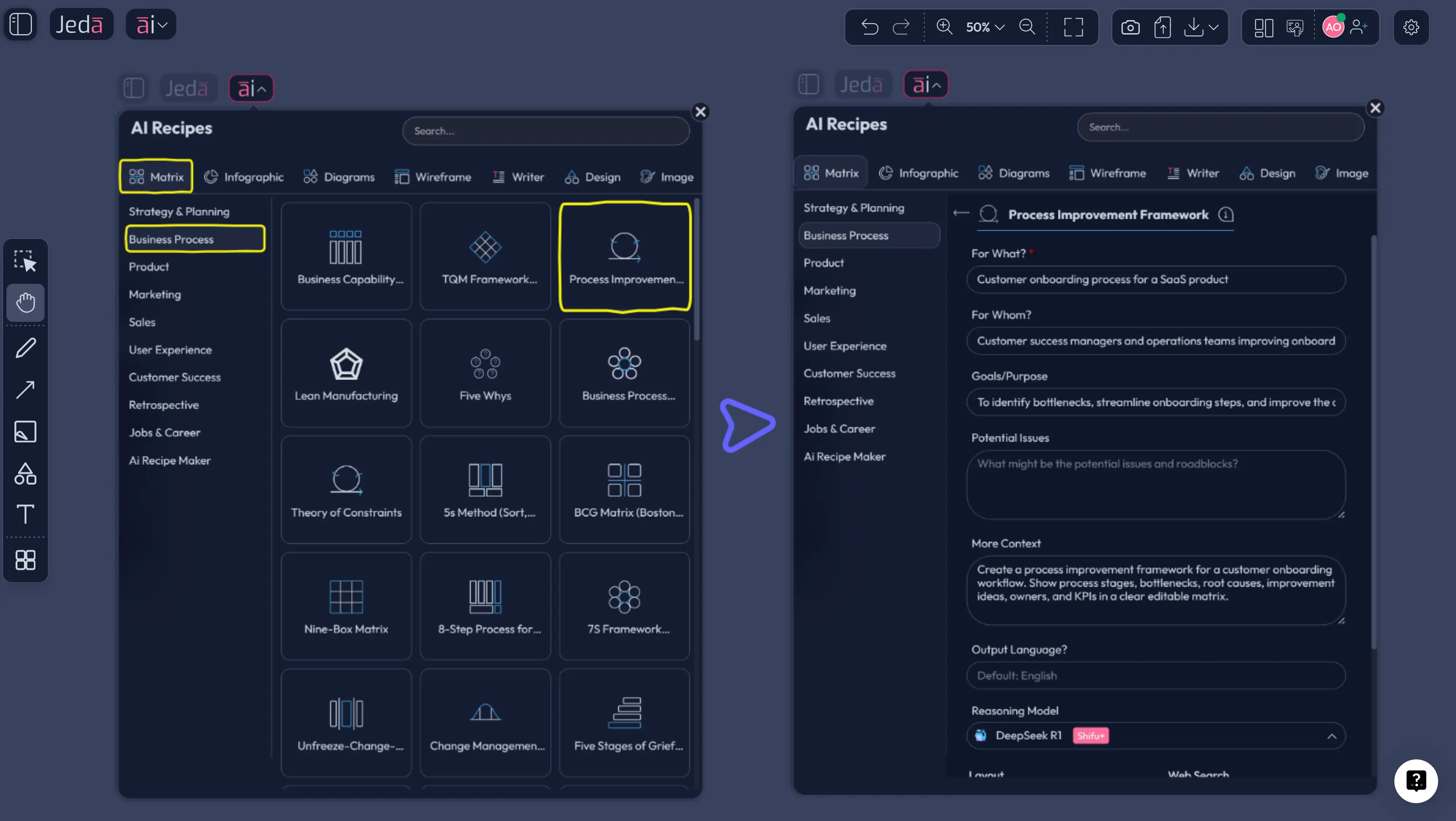 Jeda.ai AI Menu matrix recipe screenshot