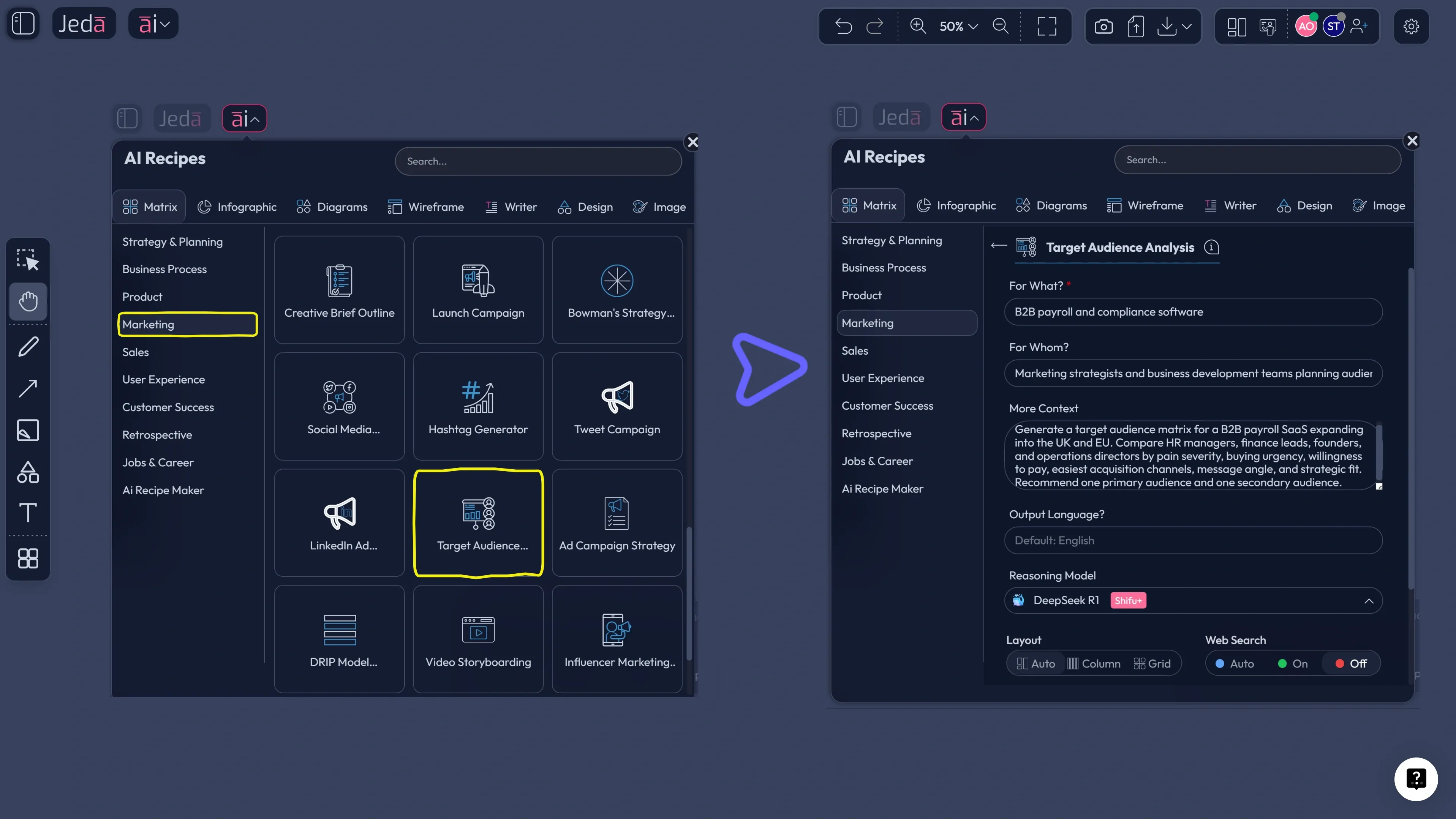 Jeda.ai AI Menu Matrix recipe for target audience