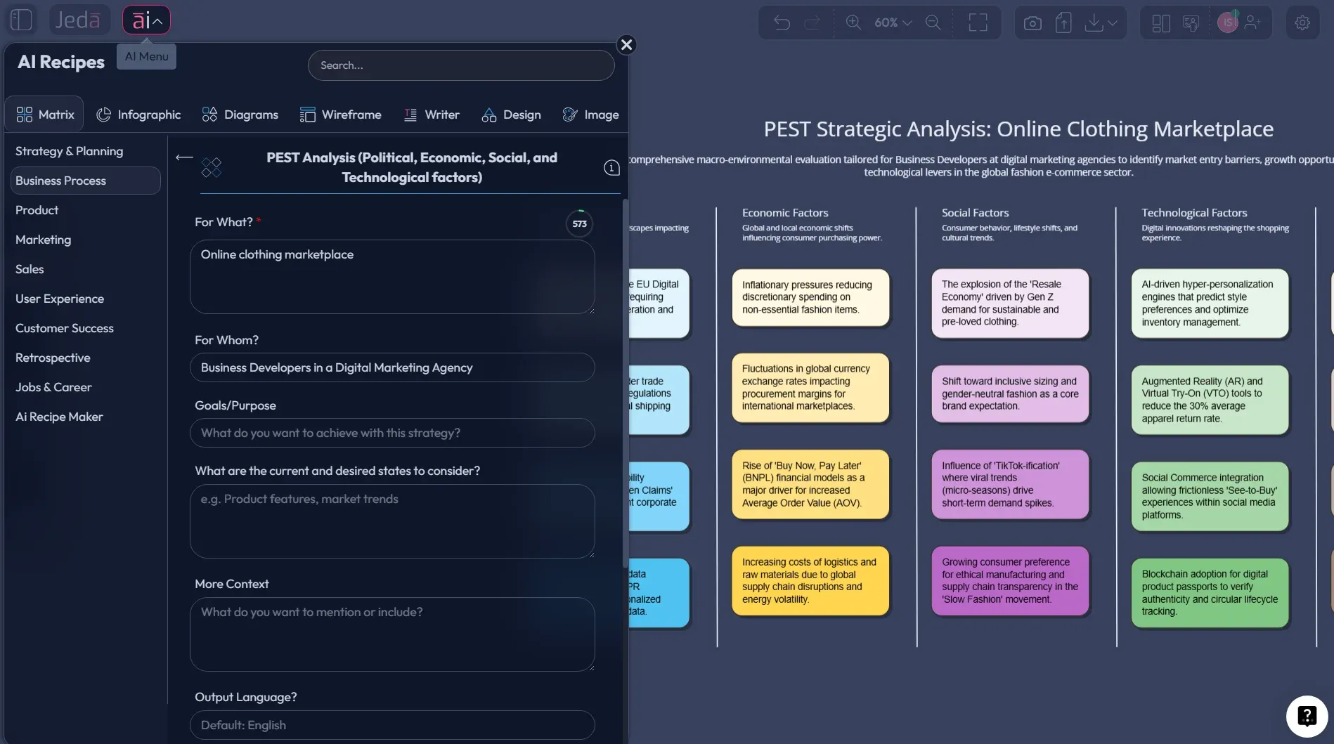 Jeda.ai Prompt Bar showing the Matrix command for PEST analysis