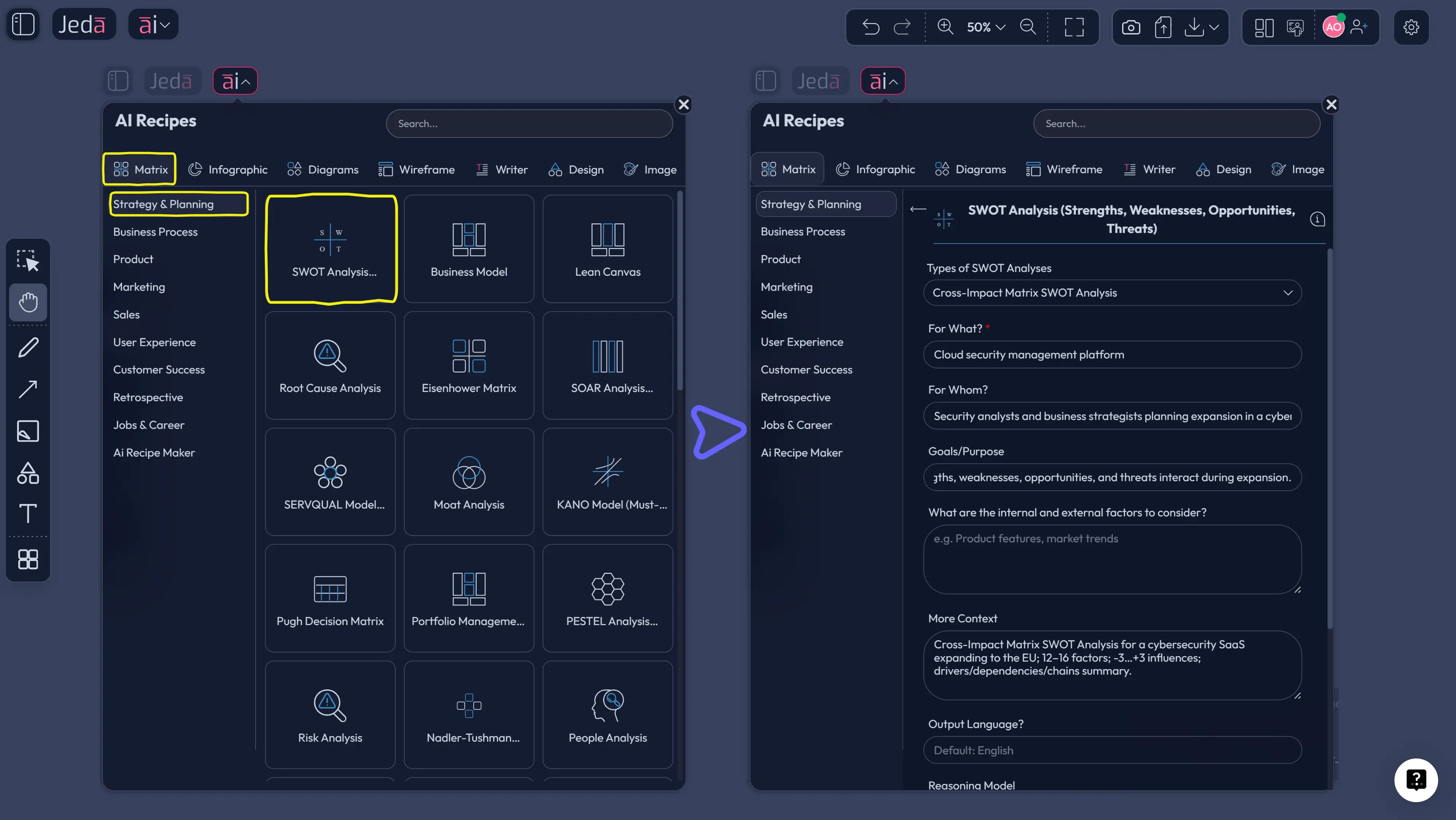 Jeda.ai Cross Impact SWOT recipe menu